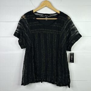 STYLE & CO. Black Metallic‎ Lace Short Sleeve Blouse Nylon Top Shirt Size XS